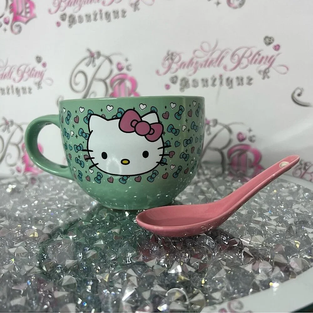 Hello Kitty mug cup with spoon matching attached Green Mug with Pink Spoon